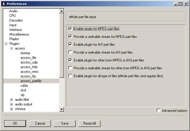 VideoLAN client - eMule part file access plugin settings